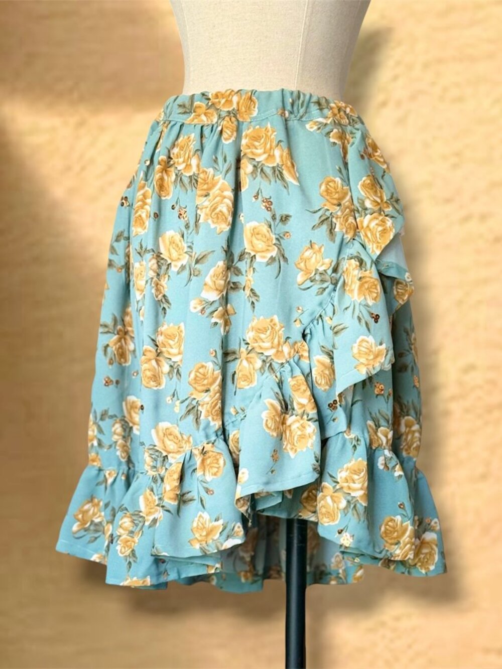 Handmade Teal Yellow Floral Ruffle Wrap Skirt Gold Sequin High Low Large